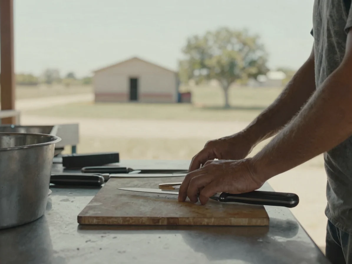 Close documentary photo of hands and a stainless work table with