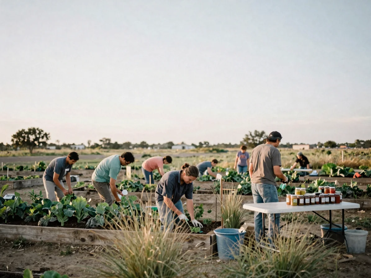 Candid environmental wide of neighbors working a raised vegetable